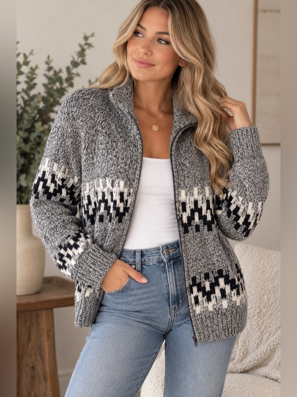 Chaps Grey Fair Isle Full-Zip Knit Cardigan Sweater